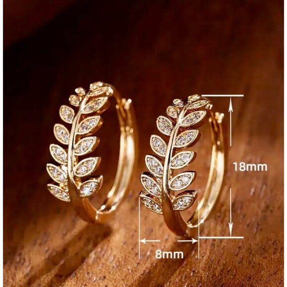 14k Gold Plated Leaf Branch Huggie Hoop Earrings Sparkling CZ Accents - Picture 4 of 4